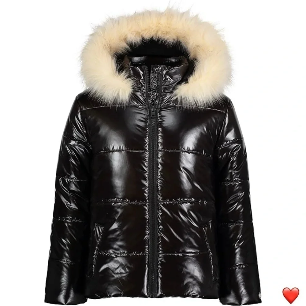 Hudson Kids Puffer Jacket Girls XL (16) High Gloss Deep Black Faux Fur New NWT